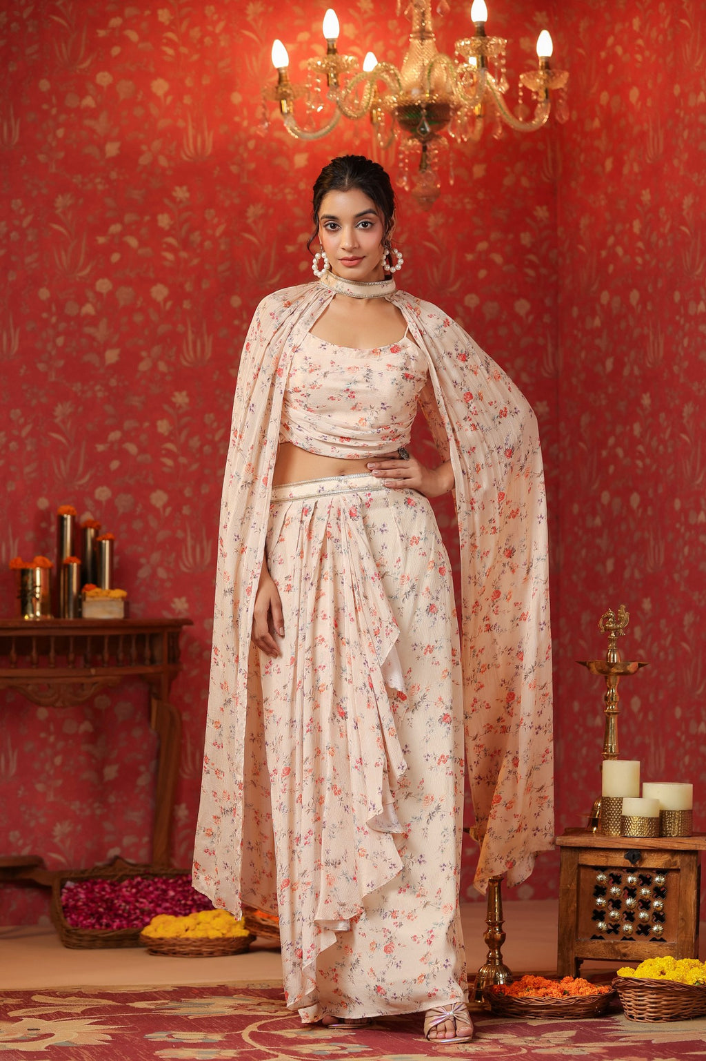 Cream Printed  Chinon Dhoti Skirt With Tie Up Duptta Set Of  3