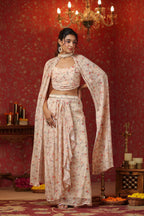 Cream Printed  Chinon Dhoti Skirt With Tie Up Duptta Set Of  3