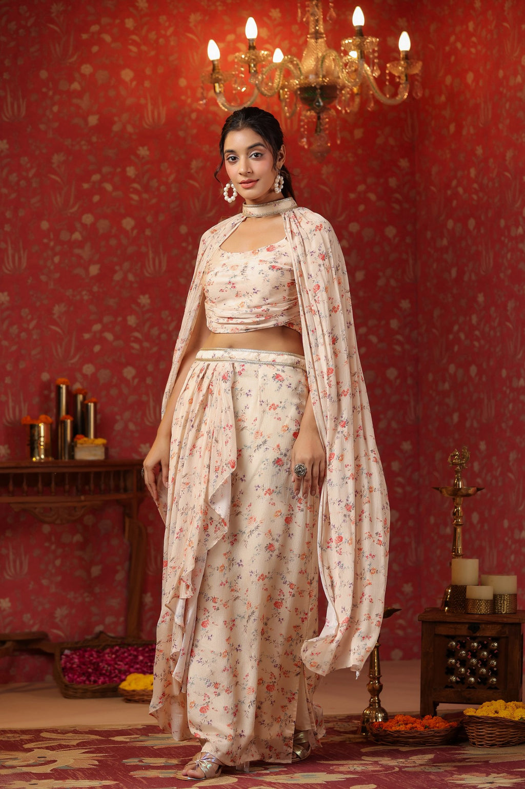 Cream Printed  Chinon Dhoti Skirt With Tie Up Duptta Set Of  3