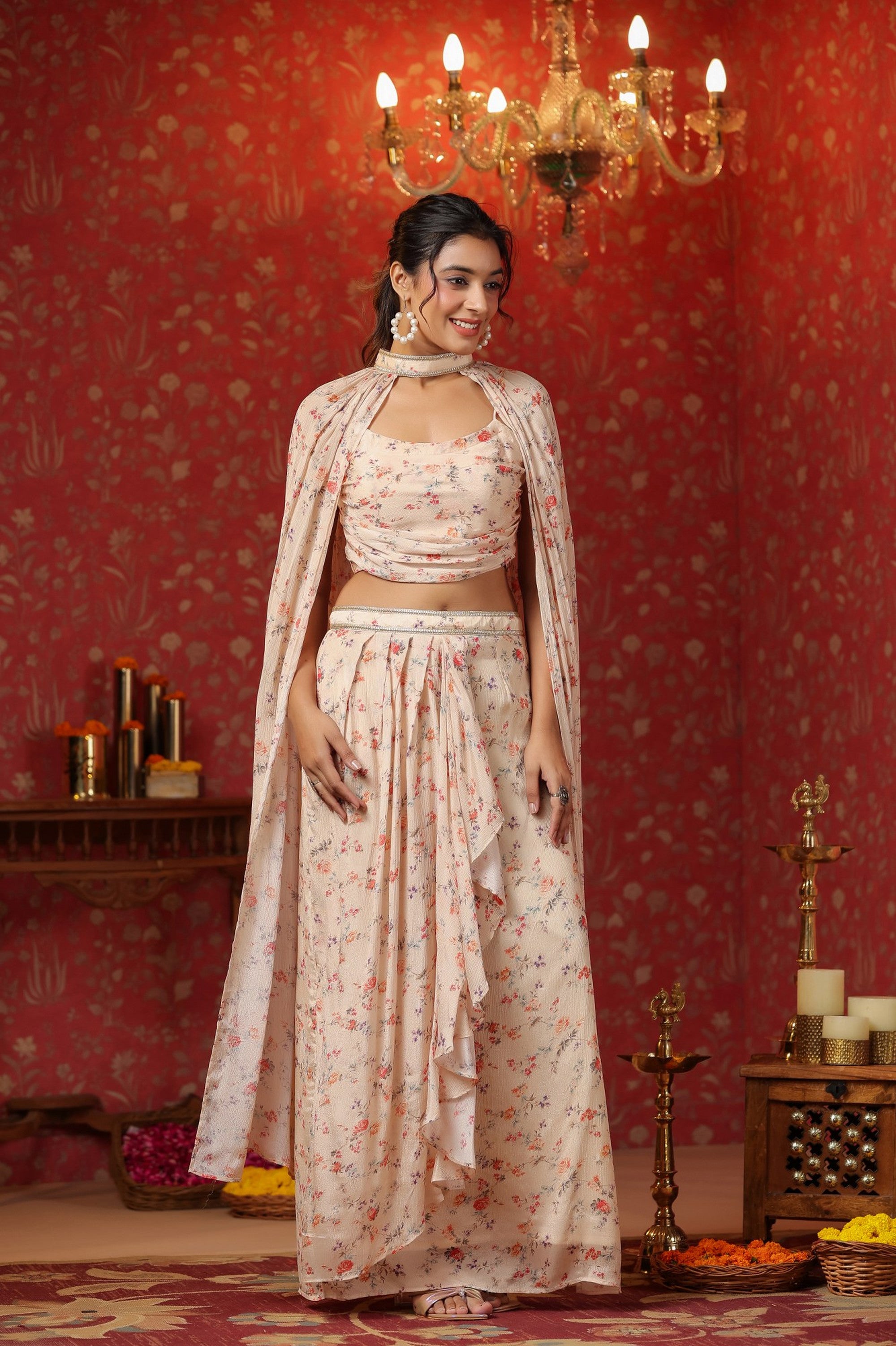 Cream Printed  Chinon Dhoti Skirt With Tie Up Duptta Set Of  3