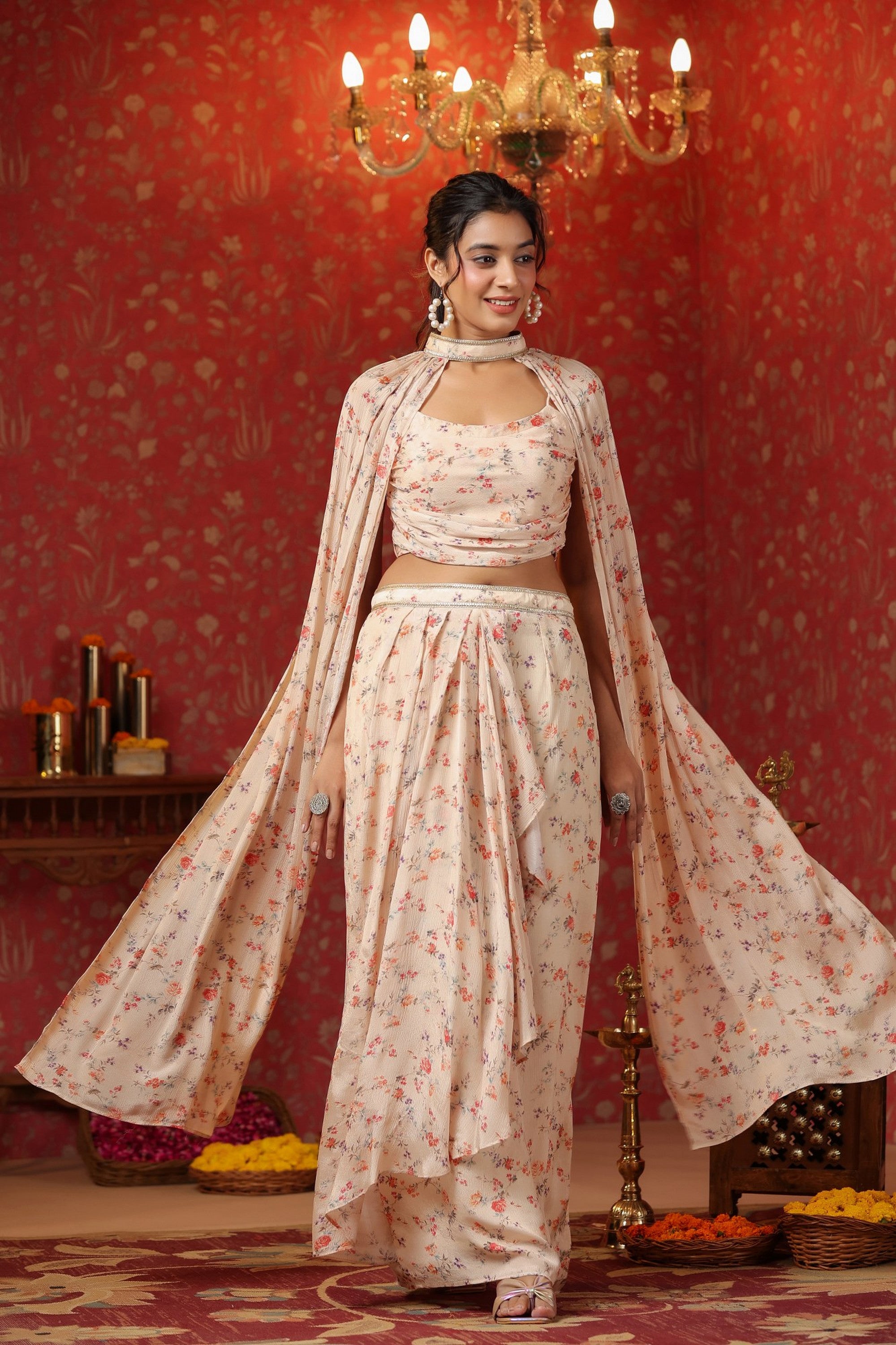 Cream Printed  Chinon Dhoti Skirt With Tie Up Duptta Set Of  3
