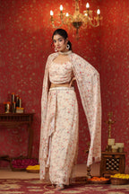 Cream Printed  Chinon Dhoti Skirt With Tie Up Duptta Set Of  3