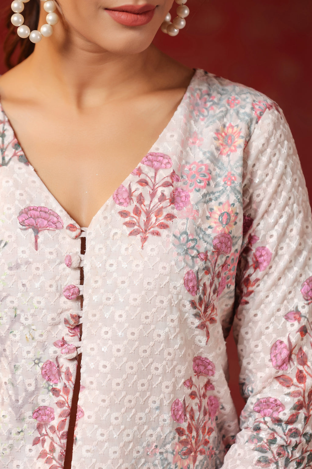 Cream Printed Cotton Schiffly Sharara Co Ord Set Of 3