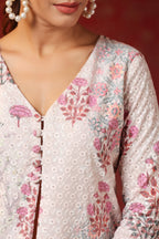 Cream Printed Cotton Schiffly Sharara Co Ord Set Of 3