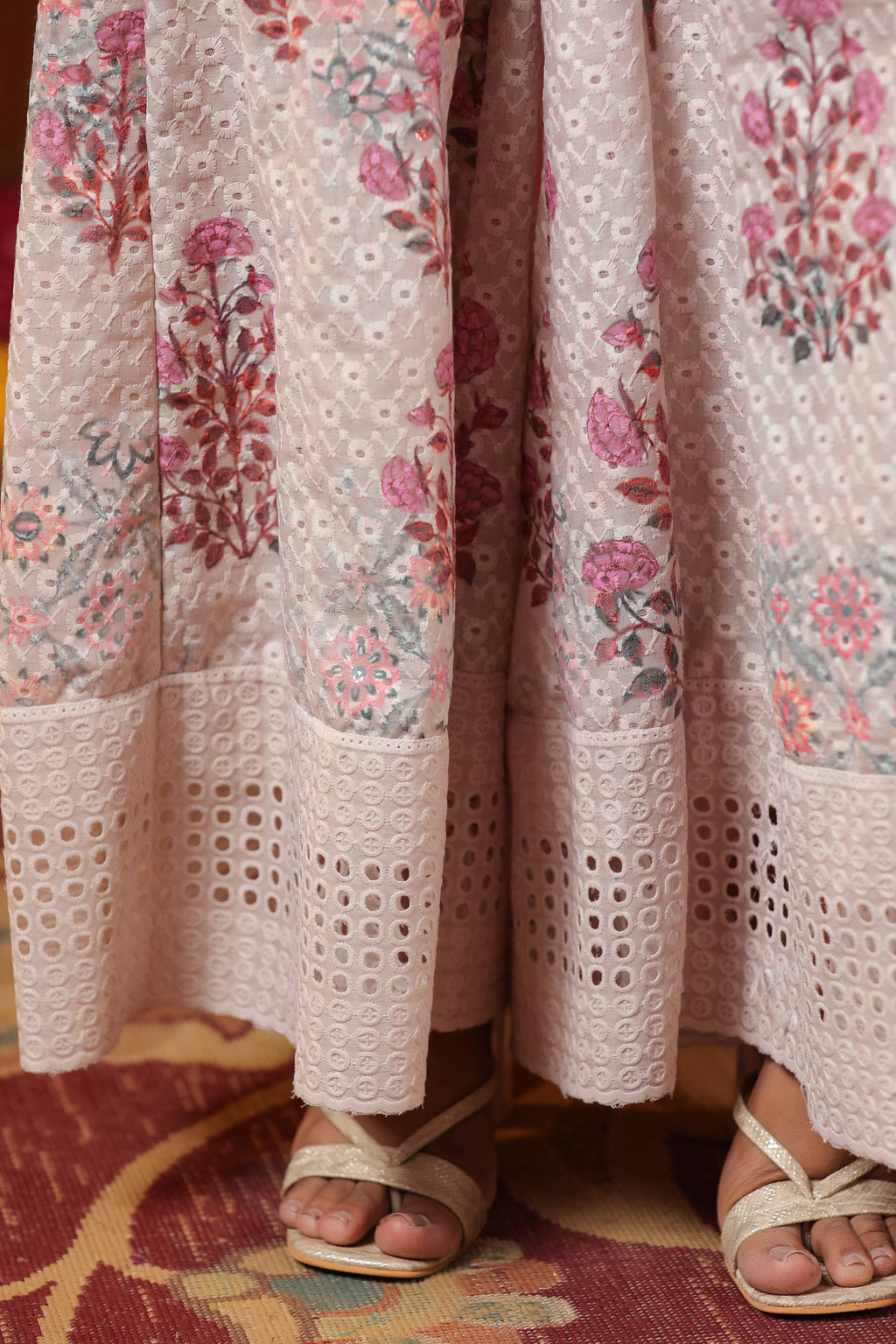 Cream Printed Cotton Schiffly Sharara Co Ord Set Of 3