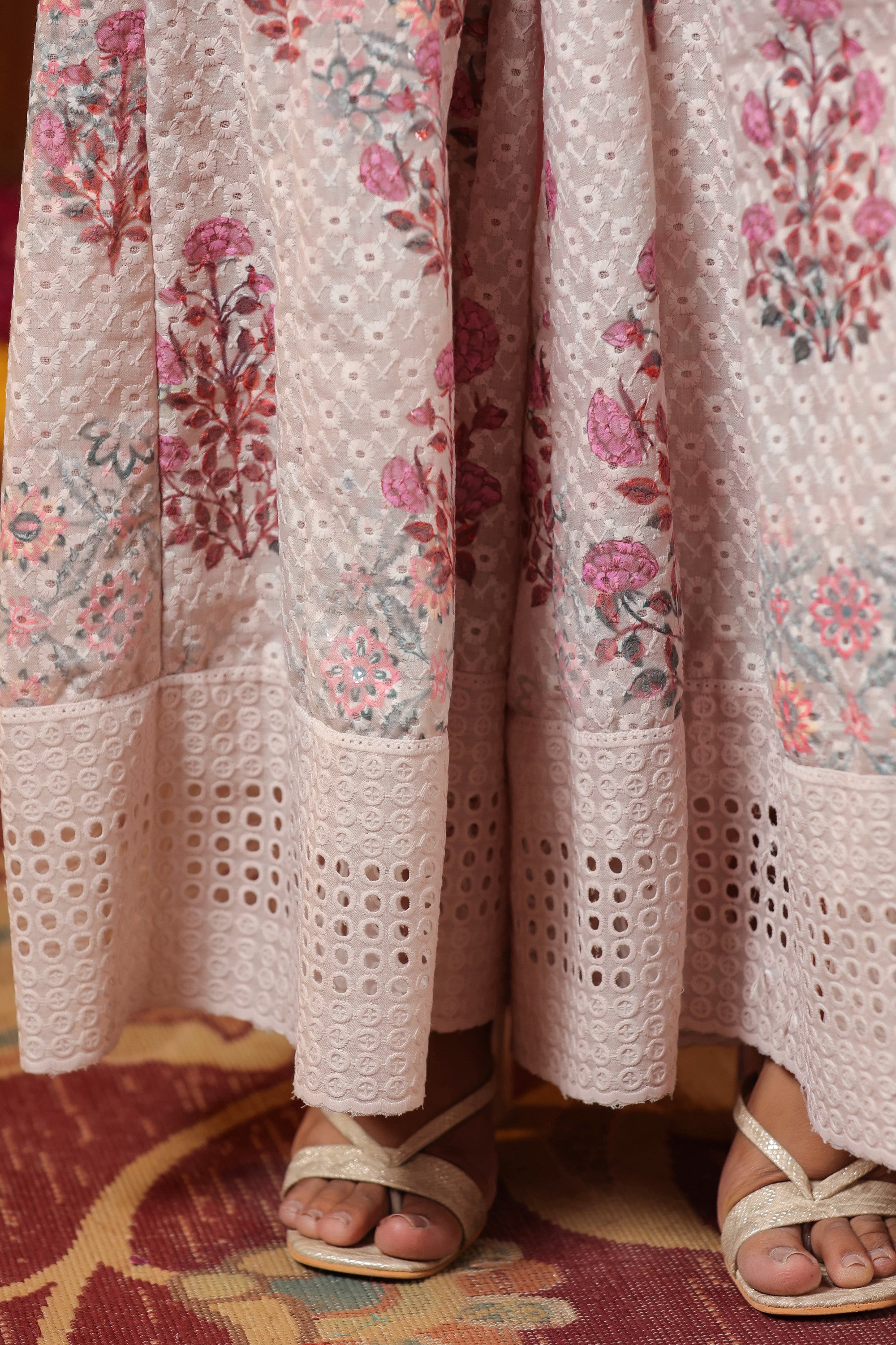 Cream Printed Cotton Schiffly Sharara Co Ord Set Of 3
