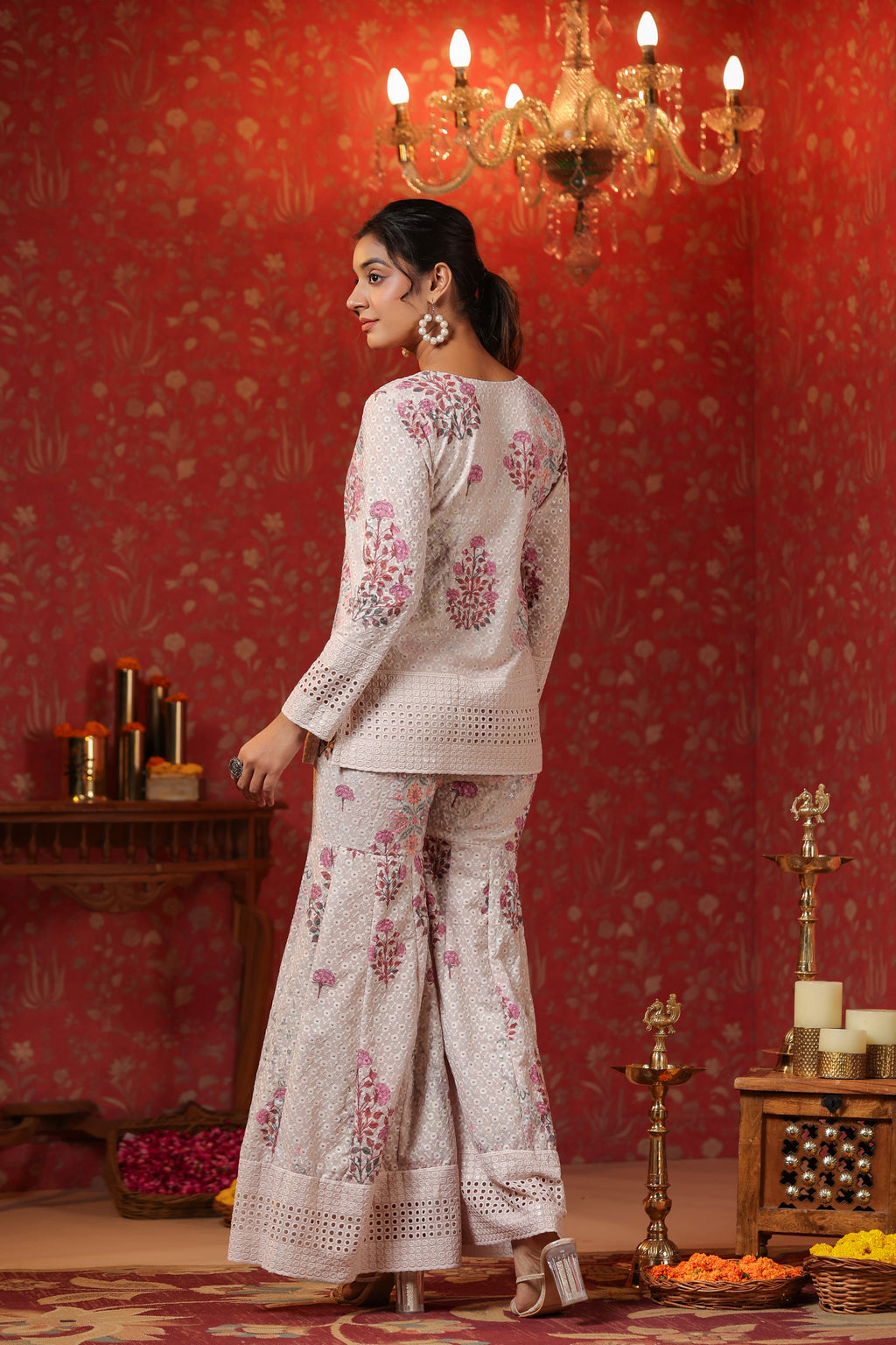 Cream Printed Cotton Schiffly Sharara Co Ord Set Of 3