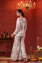Cream Printed Cotton Schiffly Sharara Co Ord Set Of 3