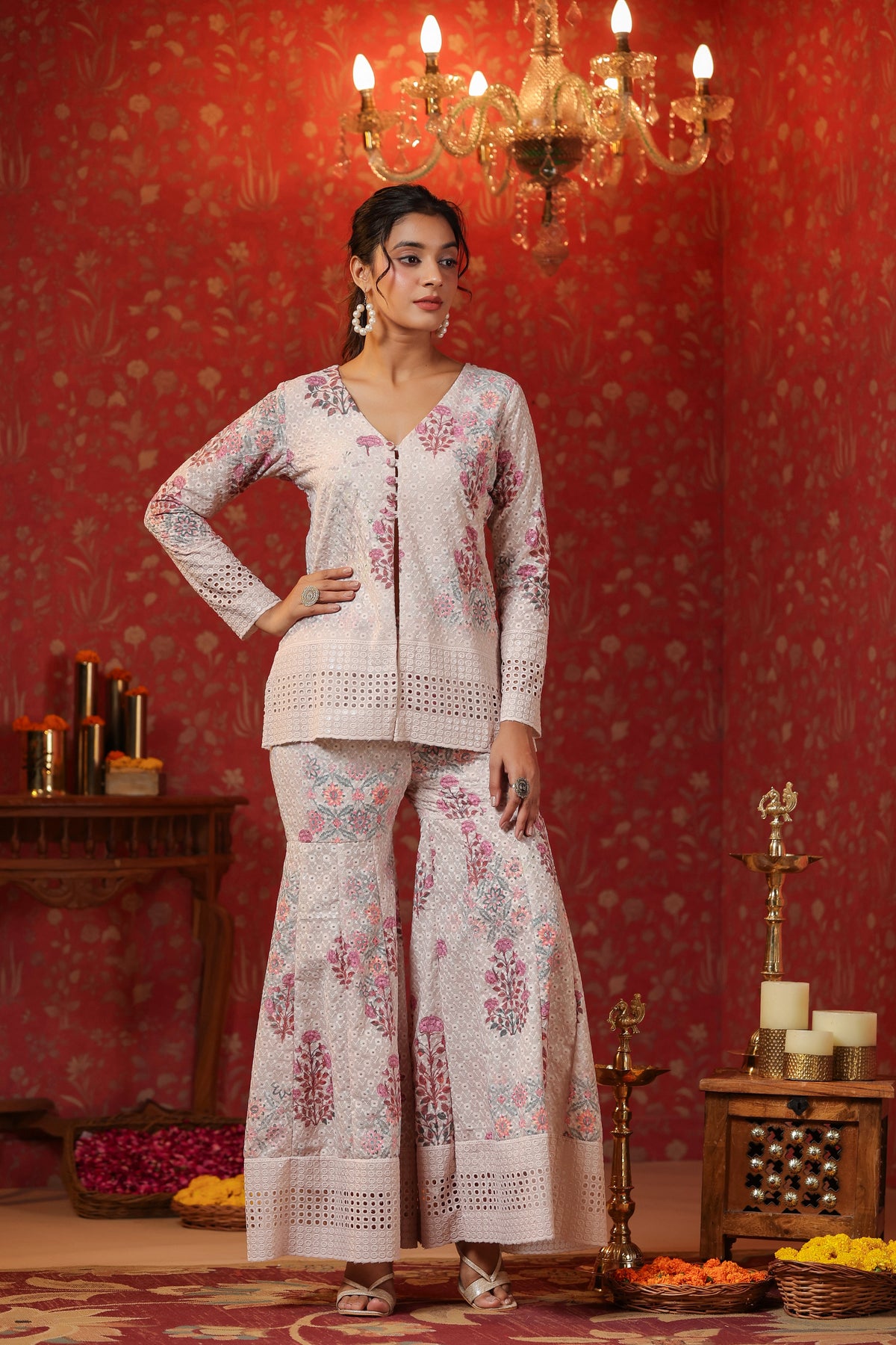 Cream Printed Cotton Schiffly Sharara Co Ord Set Of 3