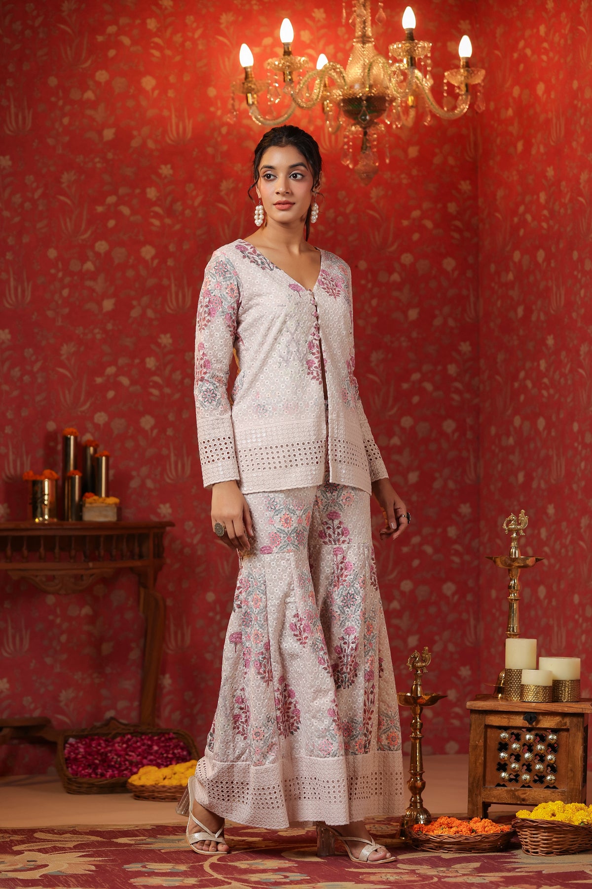 Cream Printed Cotton Schiffly Sharara Co Ord Set Of 3