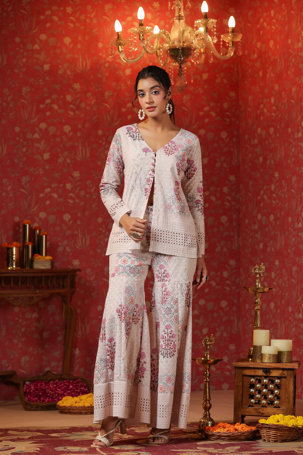Cream Printed Cotton Schiffly Sharara Co Ord Set Of 3
