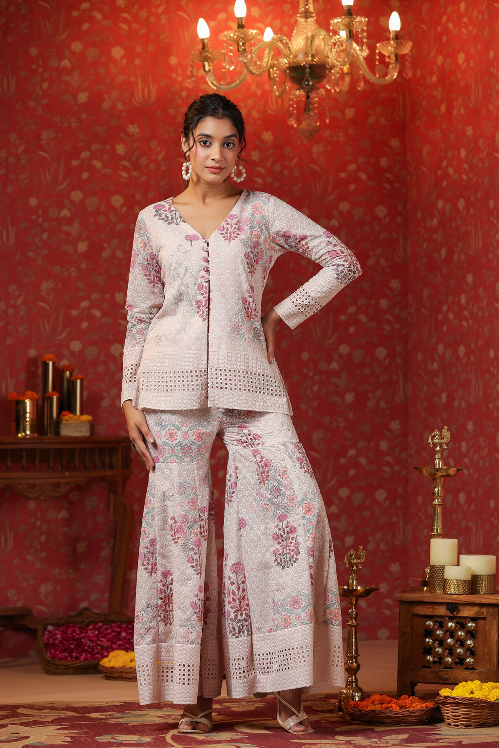 Cream Printed Cotton Schiffly Sharara Co Ord Set Of 3