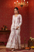 Cream Printed Cotton Schiffly Sharara Co Ord Set Of 3