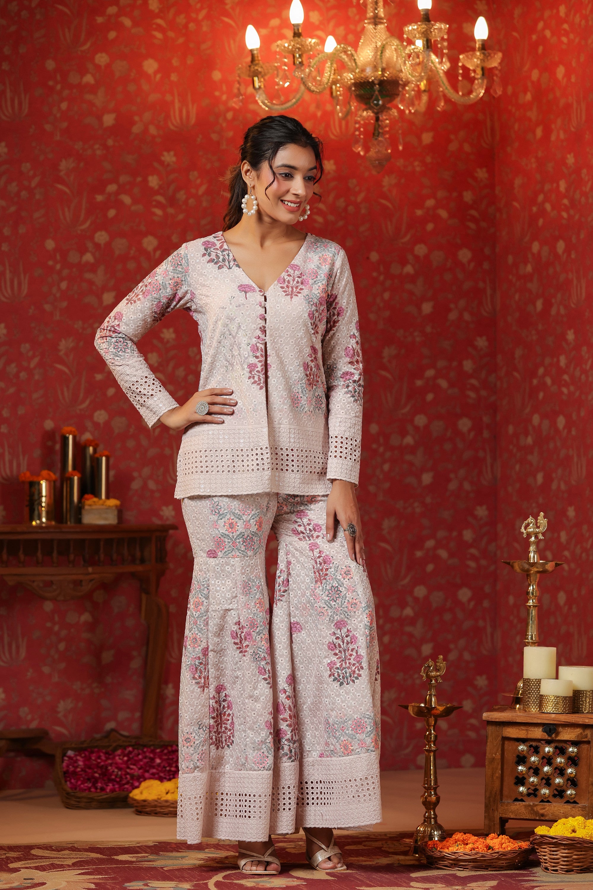 Cream Printed Cotton Schiffly Sharara Co Ord Set Of 3