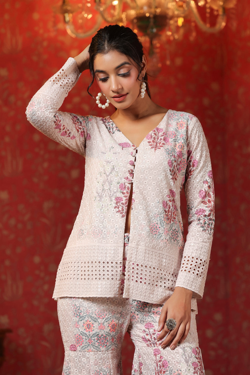 Cream Printed Cotton Schiffly Sharara Co Ord Set Of 3