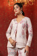 Cream Printed Cotton Schiffly Sharara Co Ord Set Of 3