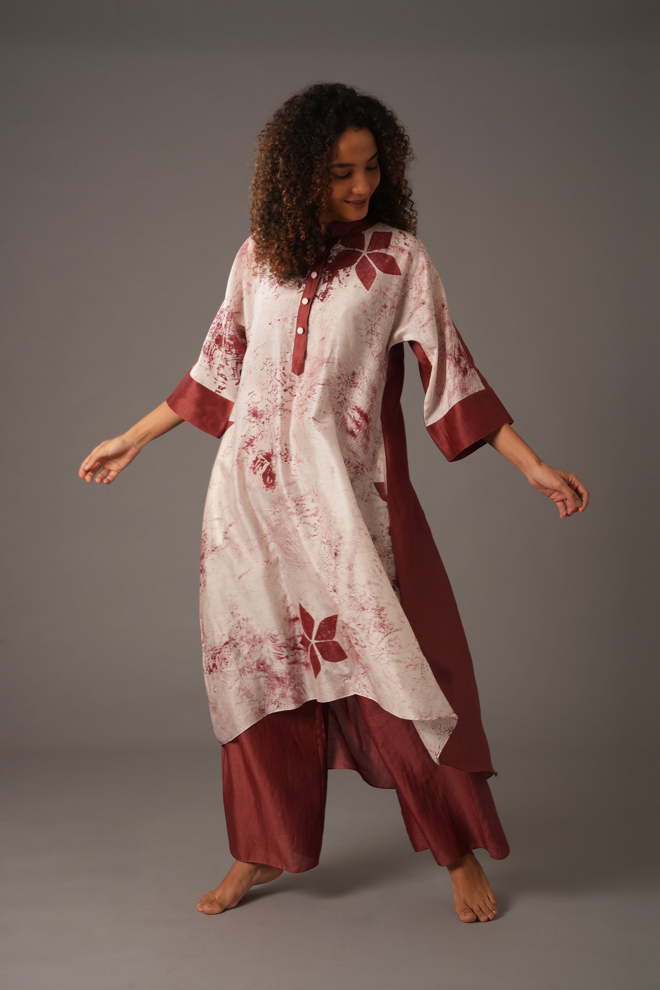 Texcher Print Gather's collar Dress with Pant & Scarff