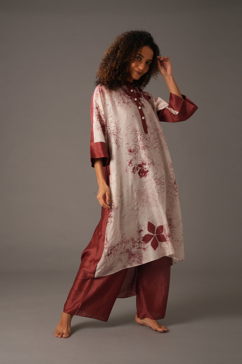 Texcher Print Gather's collar Dress with Pant