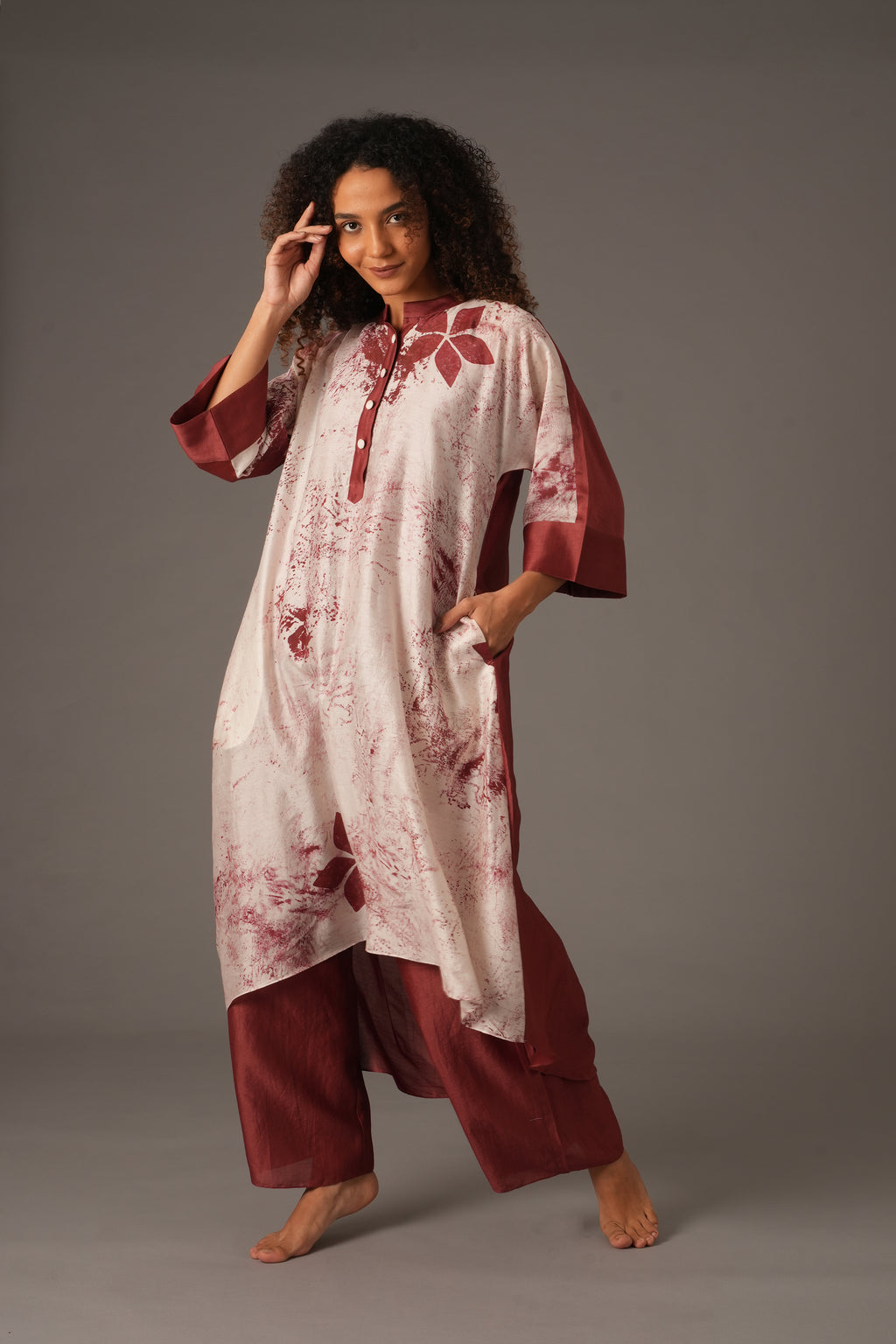 Texcher Print Gather's collar Dress with Pant