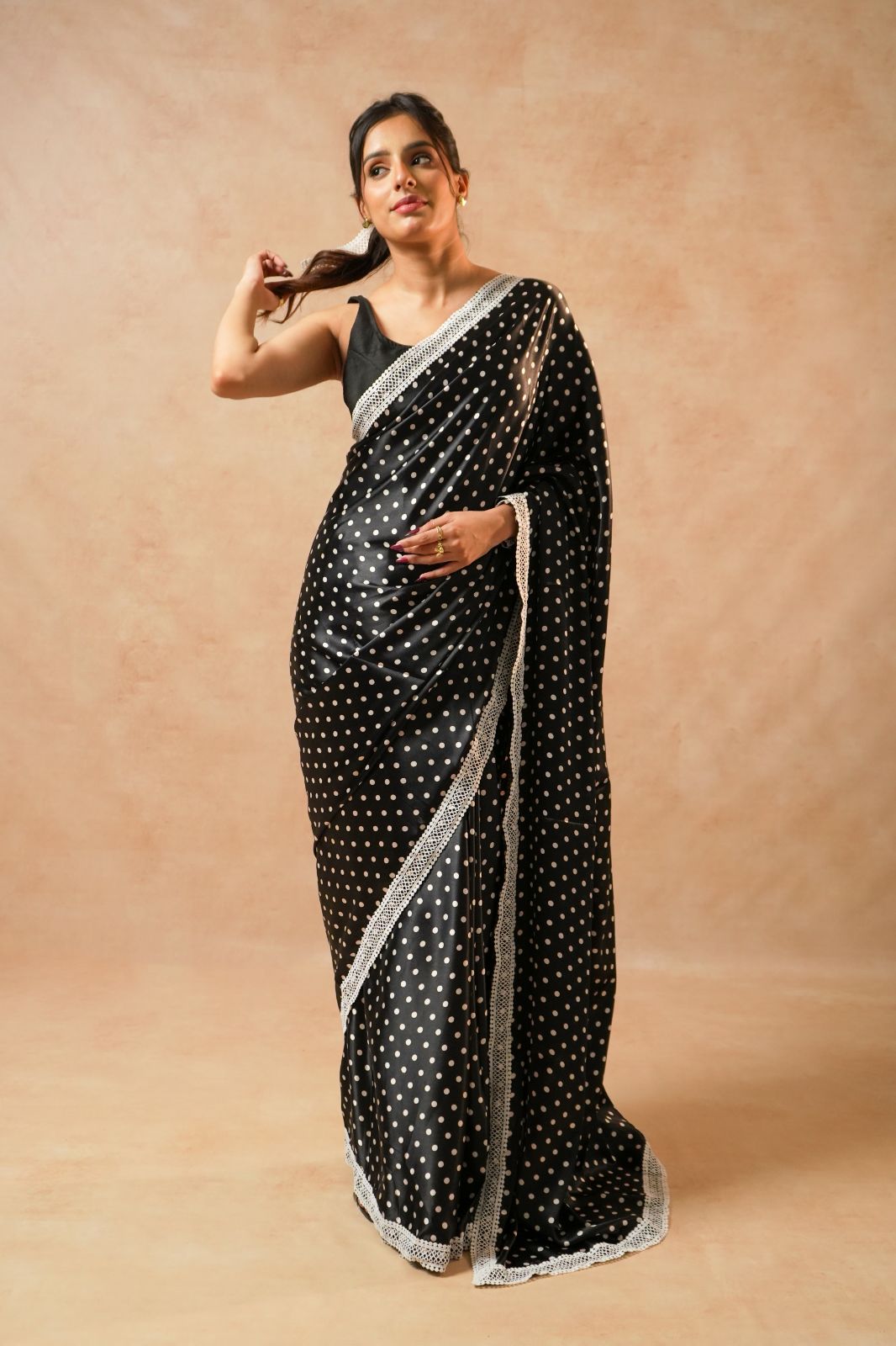 Arekaa Black Floral Dots Daisy Dot Black Satin Polka Dot Saree With Crochet Border For Womens