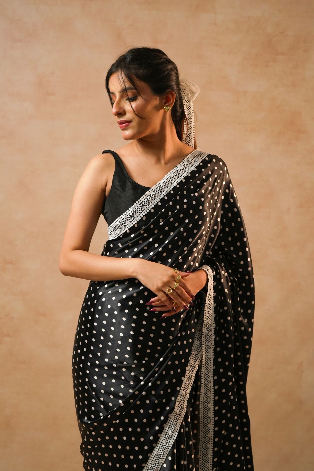 Arekaa Black Floral Dots Daisy Dot Black Satin Polka Dot Saree With Crochet Border For Womens