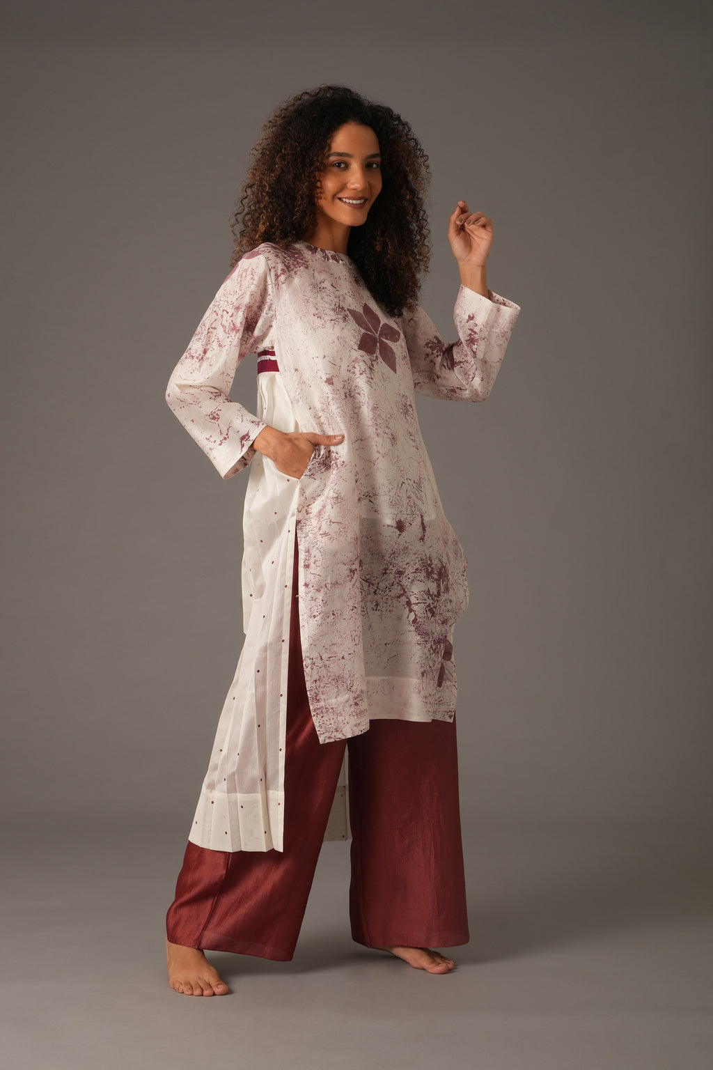 Texcher Print Round Neck Pleated dress with Pant