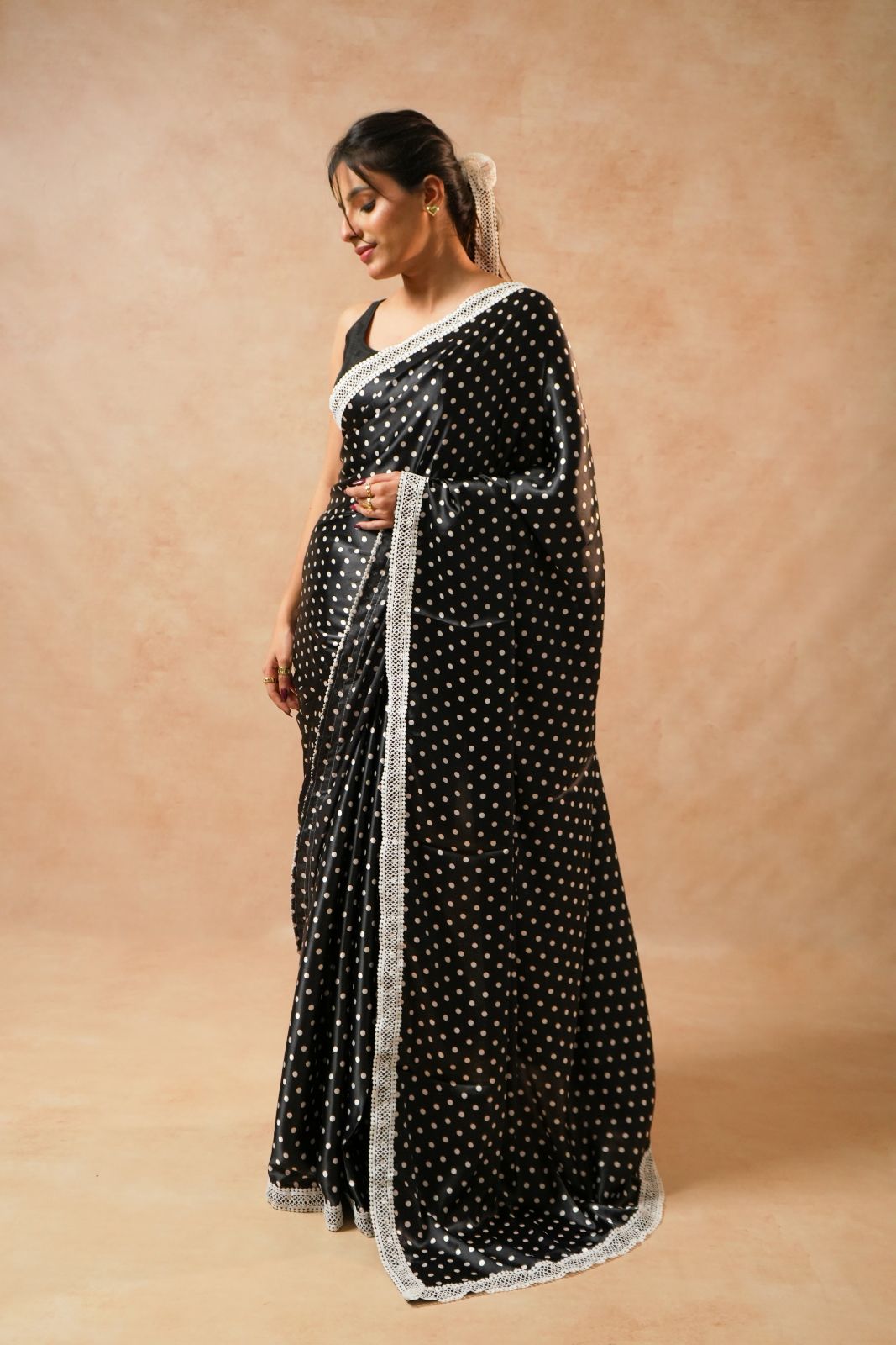 Arekaa Black Floral Dots Daisy Dot Black Satin Polka Dot Saree With Crochet Border For Womens