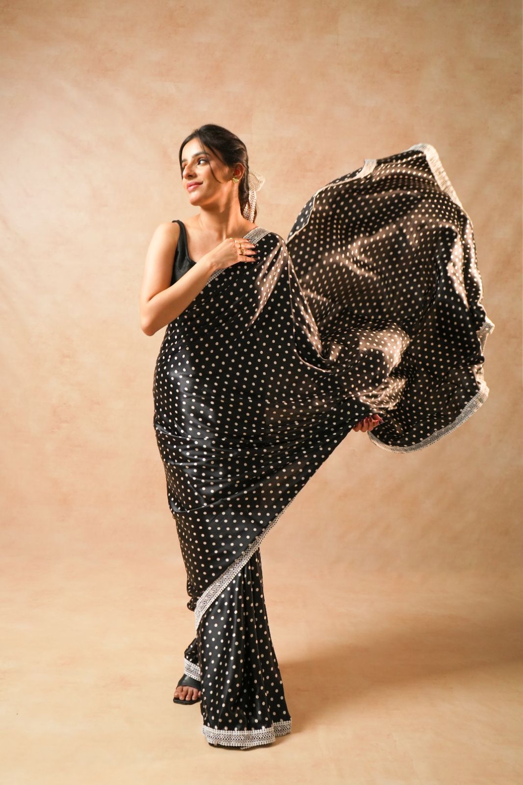 Arekaa Black Floral Dots Daisy Dot Black Satin Polka Dot Saree With Crochet Border For Womens