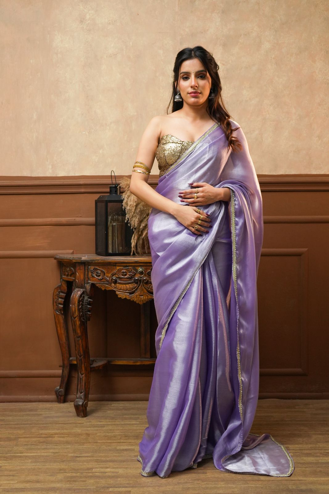 Arekaa Lavender Noor Lavender Tissue Silk Saree With Gold Border For Womens