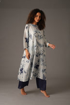 Texcher Print Round Neck Back Pleated Dress with pant