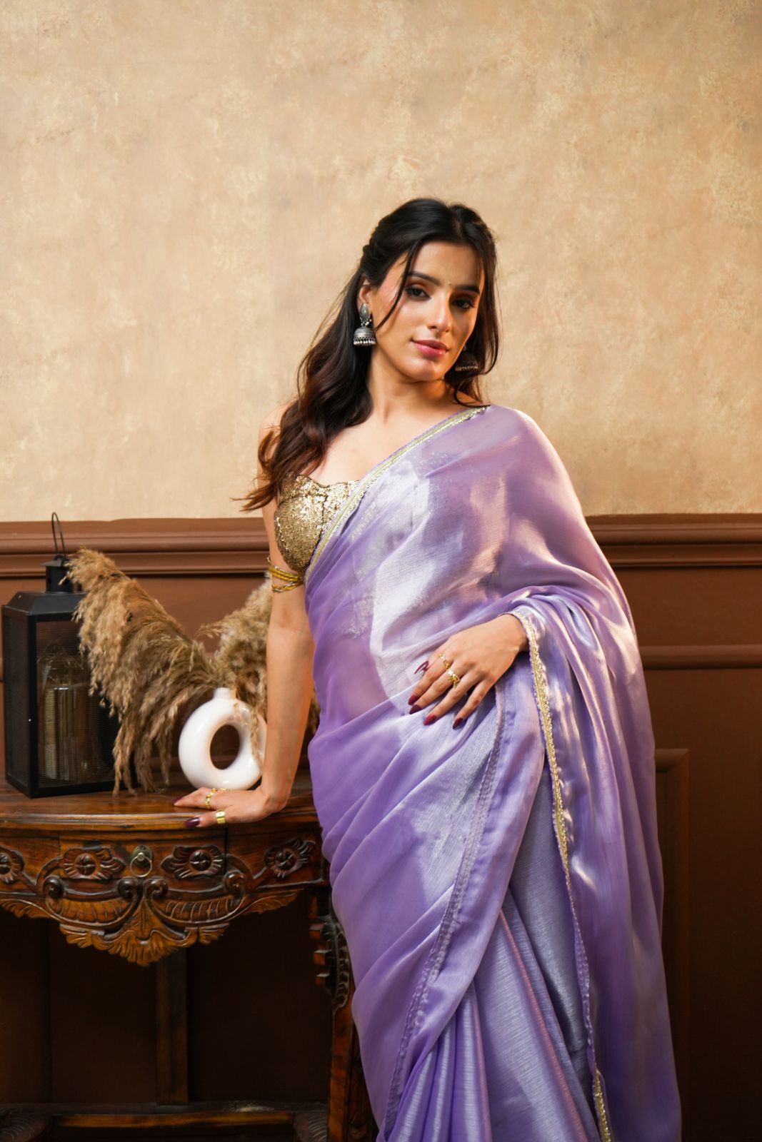 Arekaa Lavender Noor Lavender Tissue Silk Saree With Gold Border For Womens