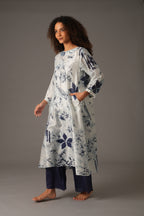 Texcher Print Round Neck Back Pleated Dress with pant & Scarff