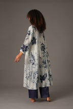 Texcher Print Round Neck Back Pleated Dress with pant & Scarff