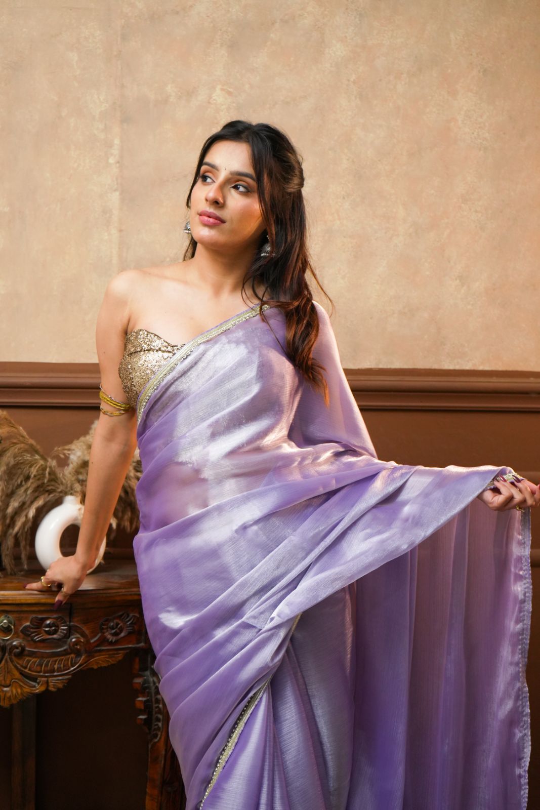 Arekaa Lavender Noor Lavender Tissue Silk Saree With Gold Border For Womens