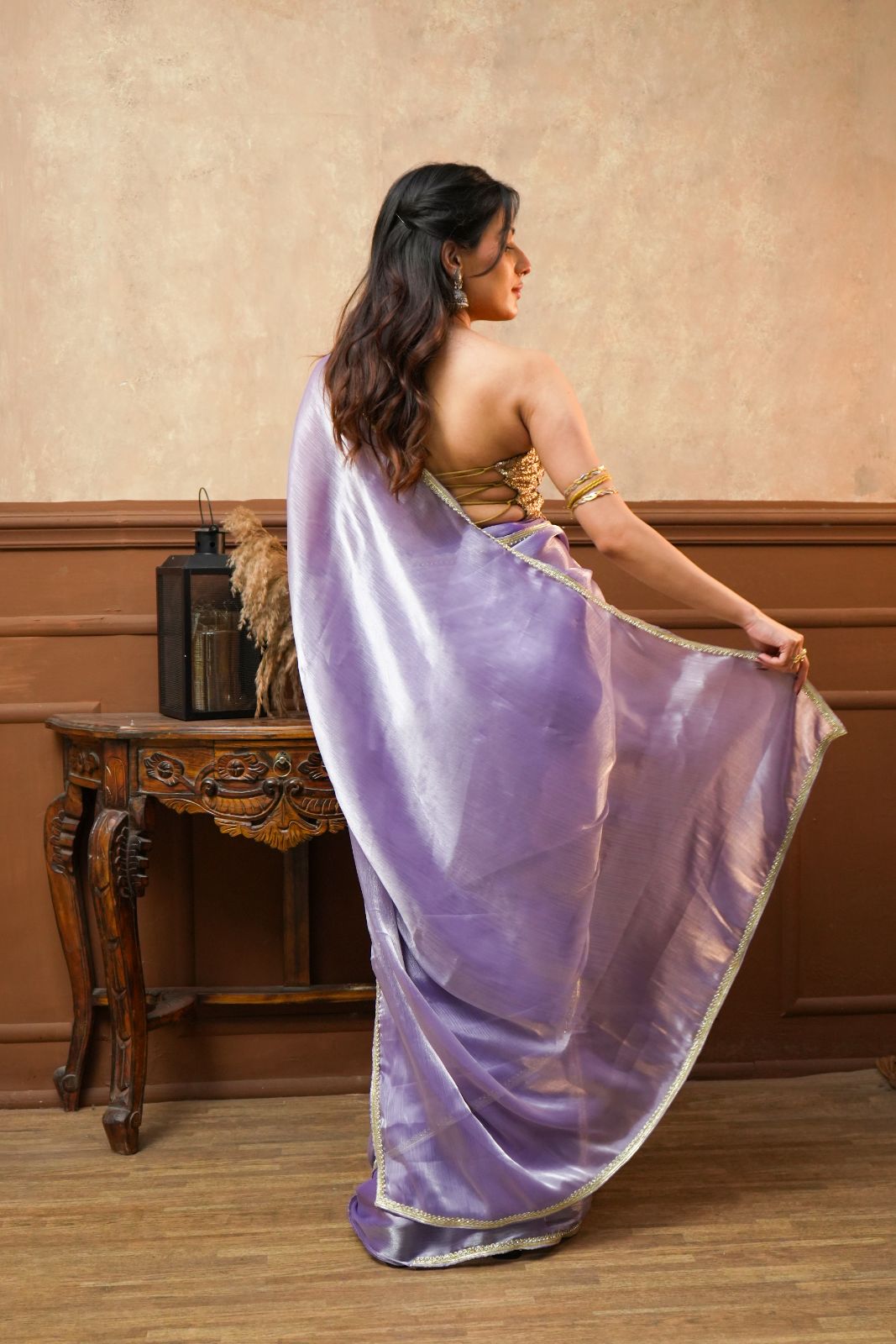 Arekaa Lavender Noor Lavender Tissue Silk Saree With Gold Border For Womens