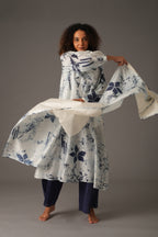 Texcher Print Round Neck Back Pleated Dress with pant & Scarff