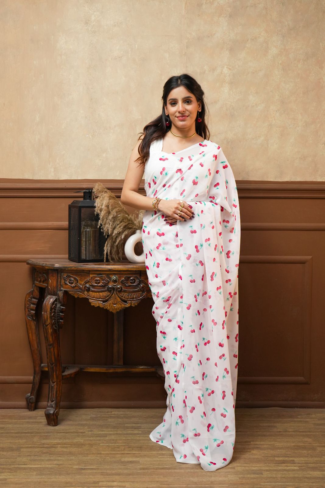 Arekaa White Floral Summer Cherry Digital Print Georgette Saree For Womens