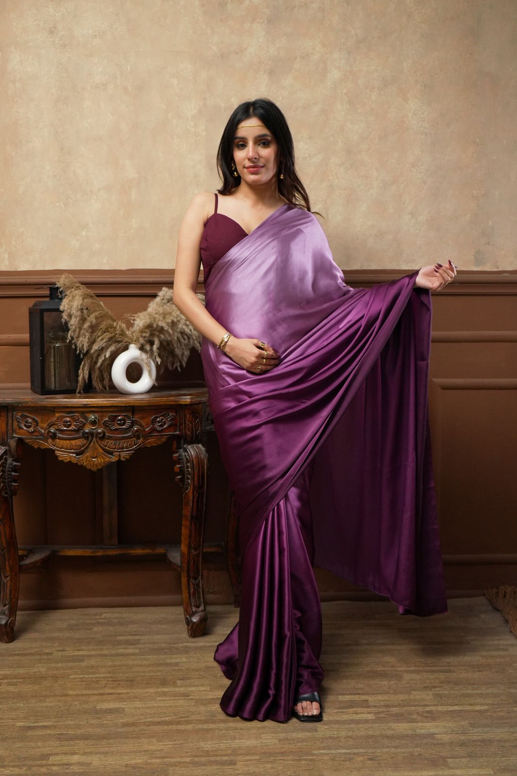 Arekaa Purple Multicolor Viola Burgundy Glass Shine Satin Saree For Womens