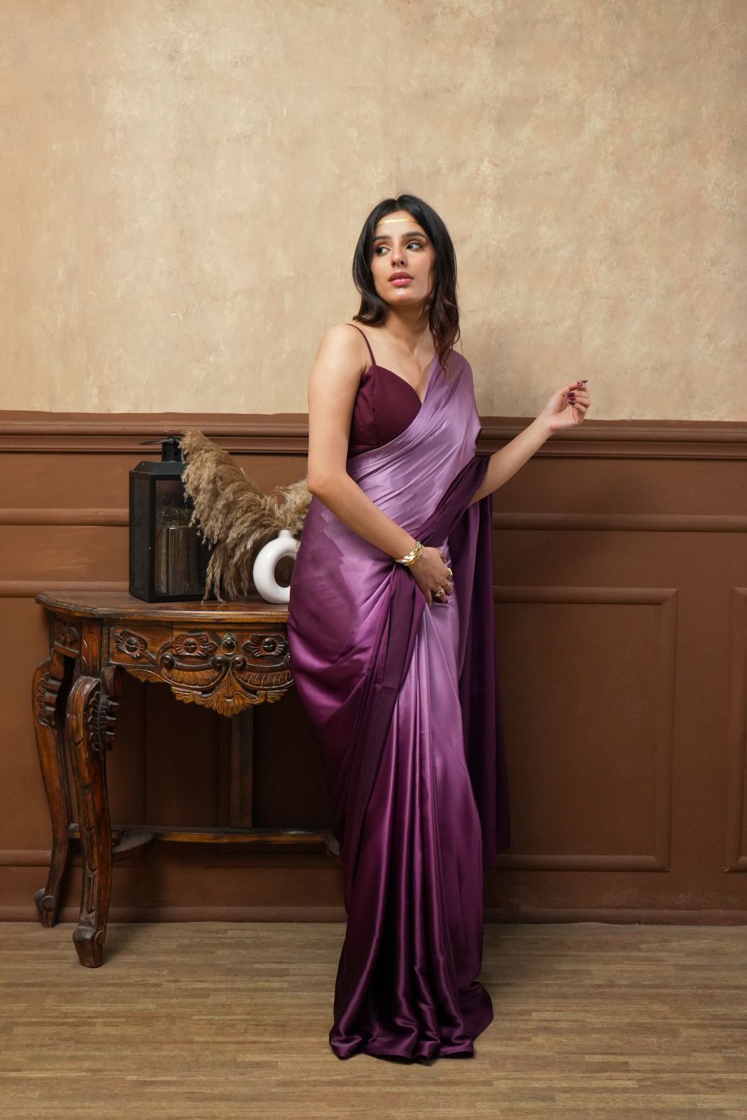 Arekaa Purple Multicolor Viola Burgundy Glass Shine Satin Saree For Womens