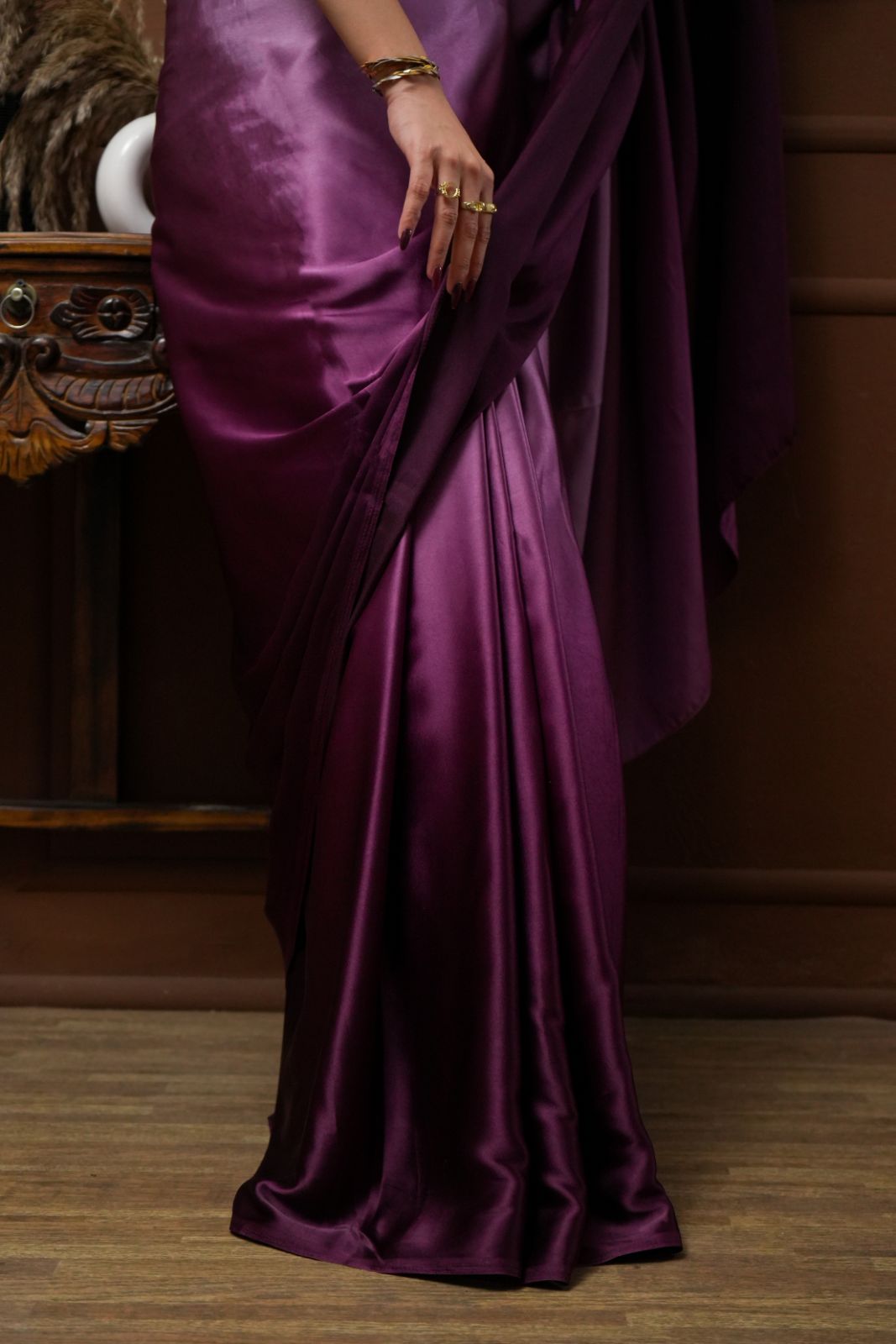 Arekaa Purple Multicolor Viola Burgundy Glass Shine Satin Saree For Womens