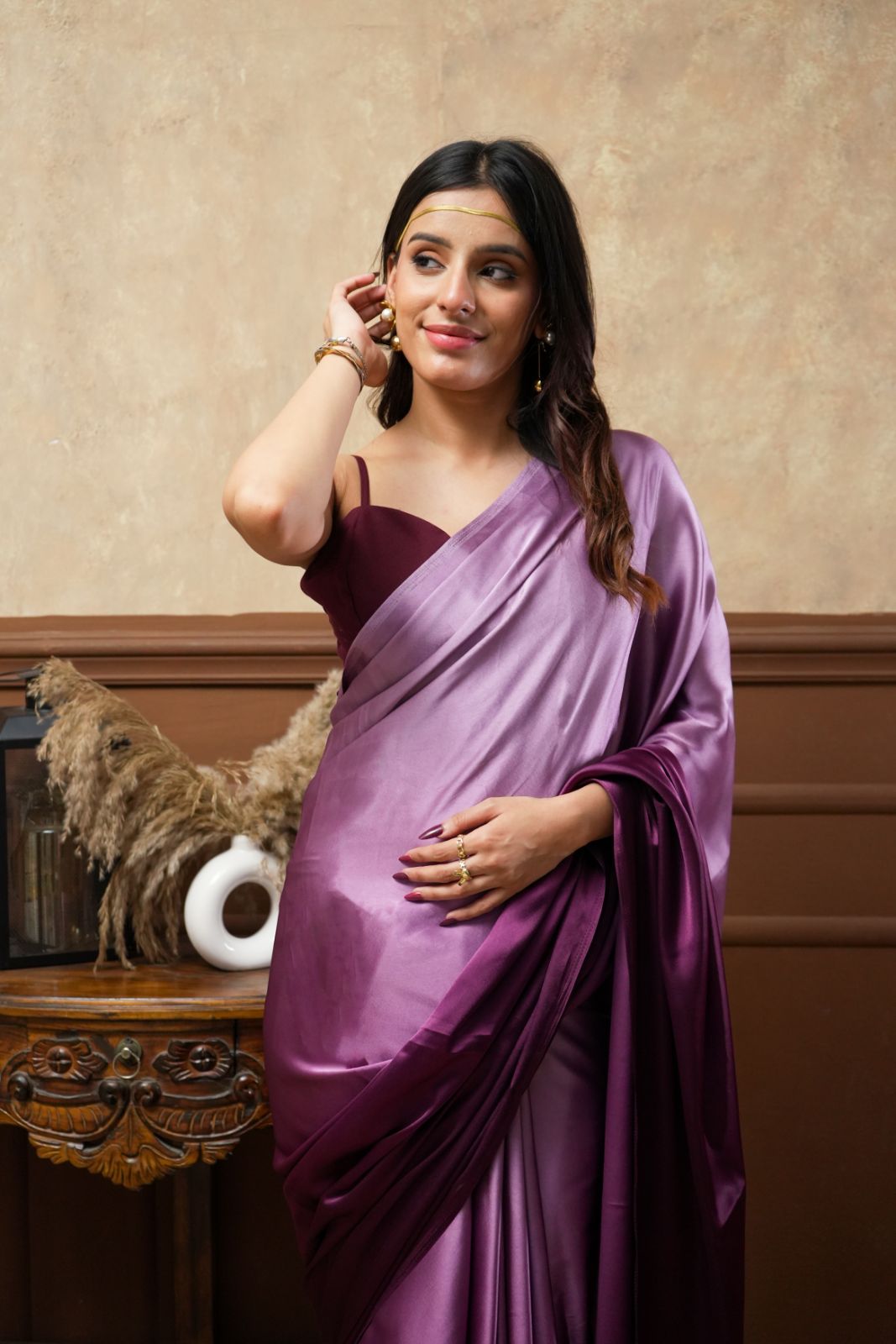 Arekaa Purple Multicolor Viola Burgundy Glass Shine Satin Saree For Womens
