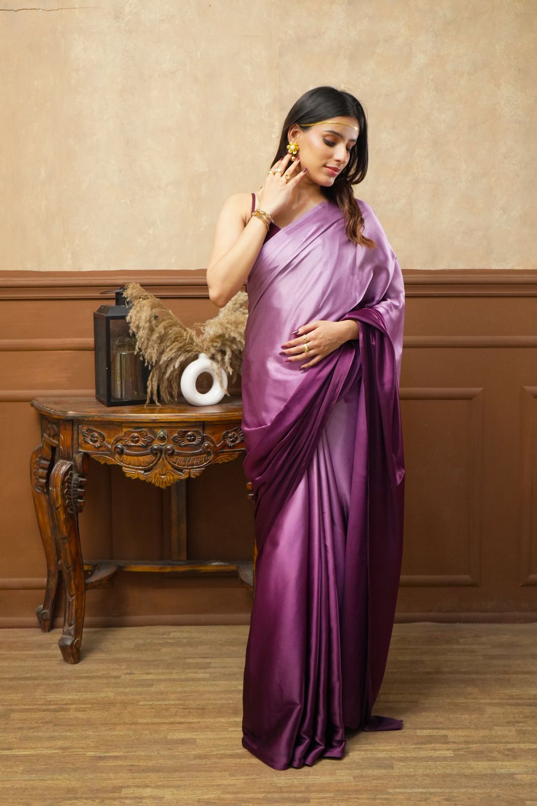 Arekaa Purple Multicolor Viola Burgundy Glass Shine Satin Saree For Womens