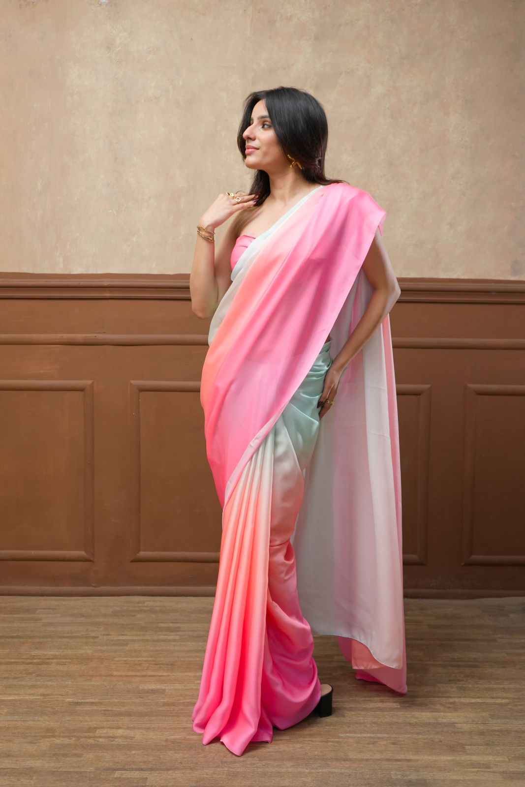 Arekaa Pink Multicolor Candy Blush Triple Shade Glossy Georgette Saree For Womens