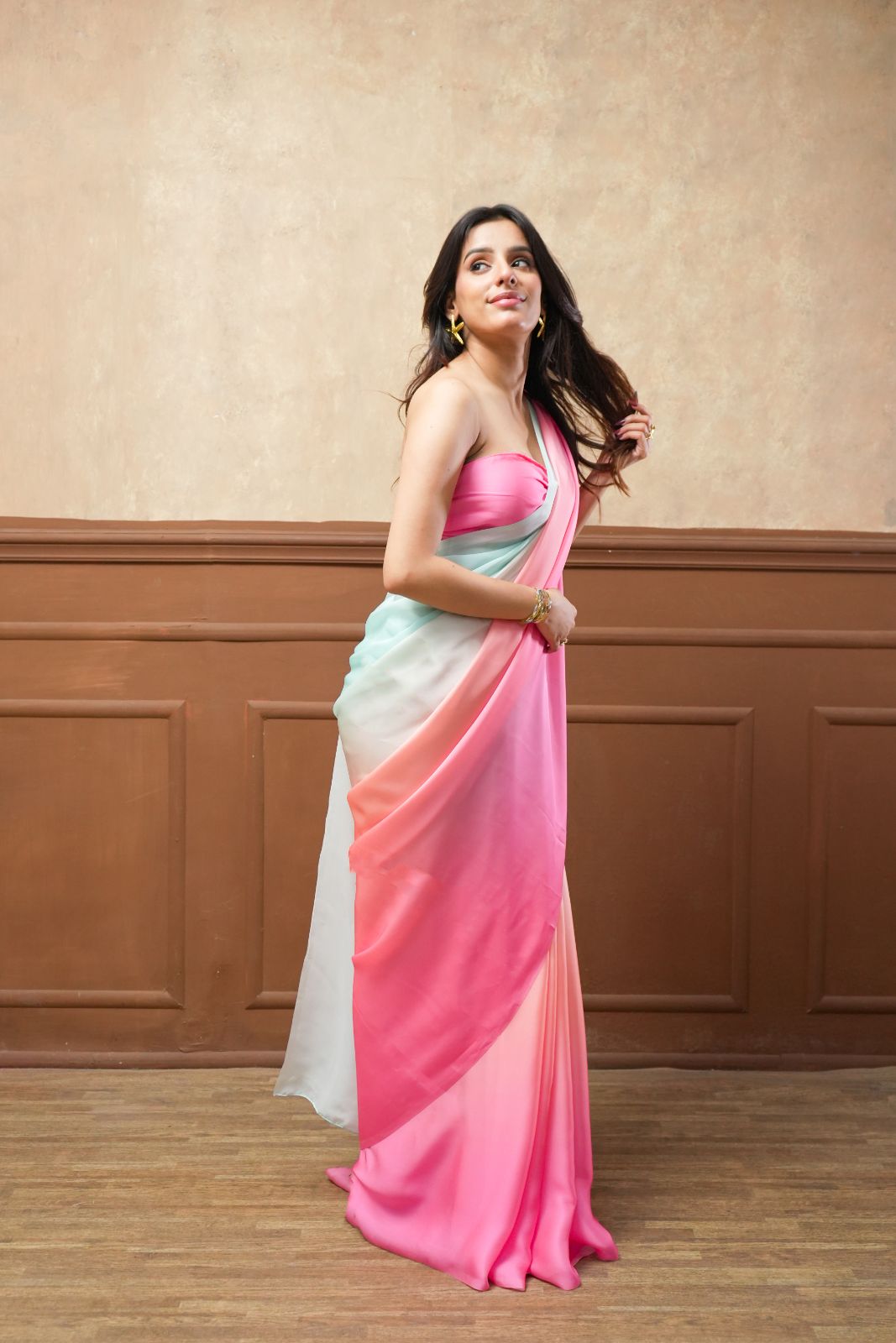 Arekaa Pink Multicolor Candy Blush Triple Shade Glossy Georgette Saree For Womens