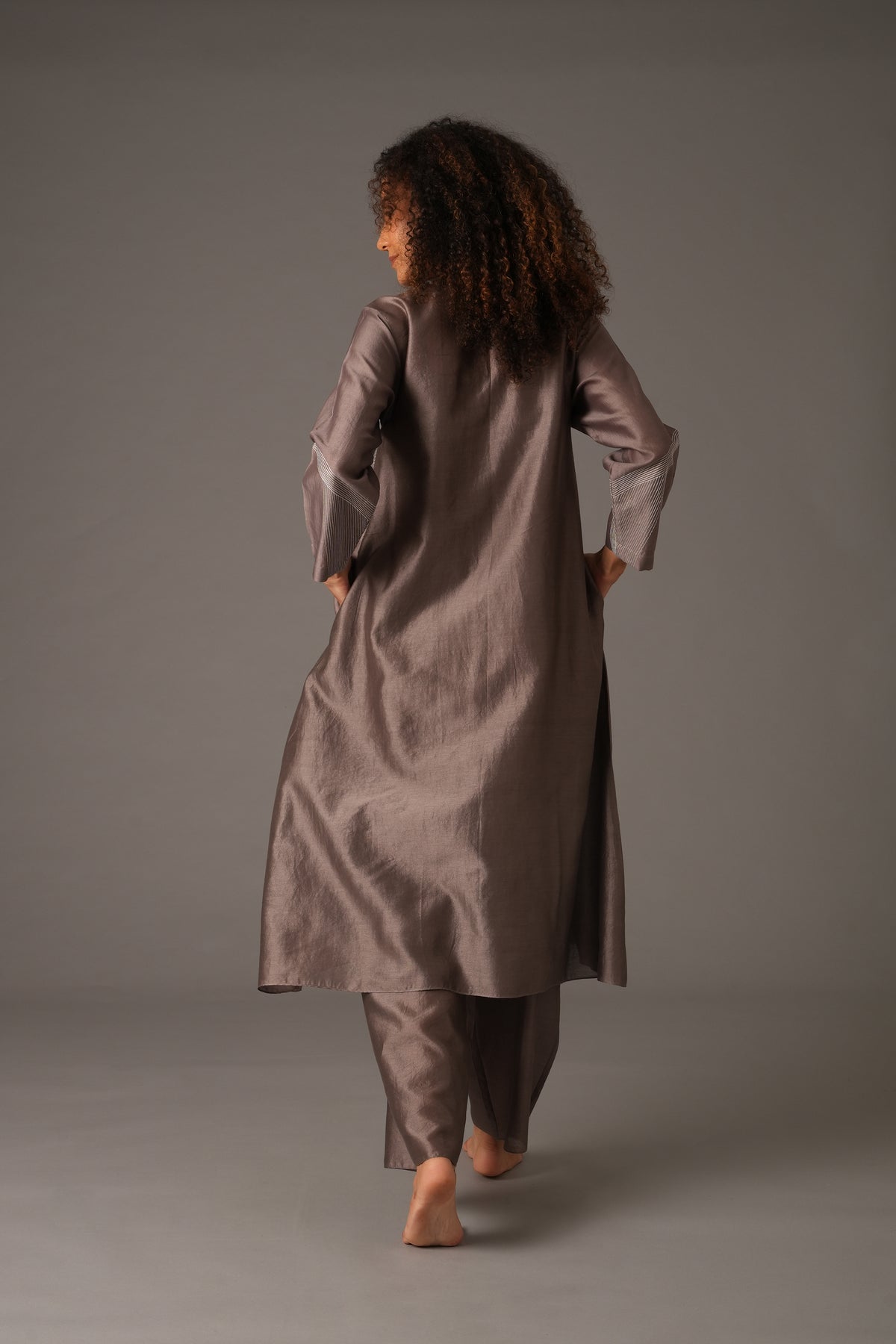 Greige Round Neck Embroidery Dress With pant & Scraff