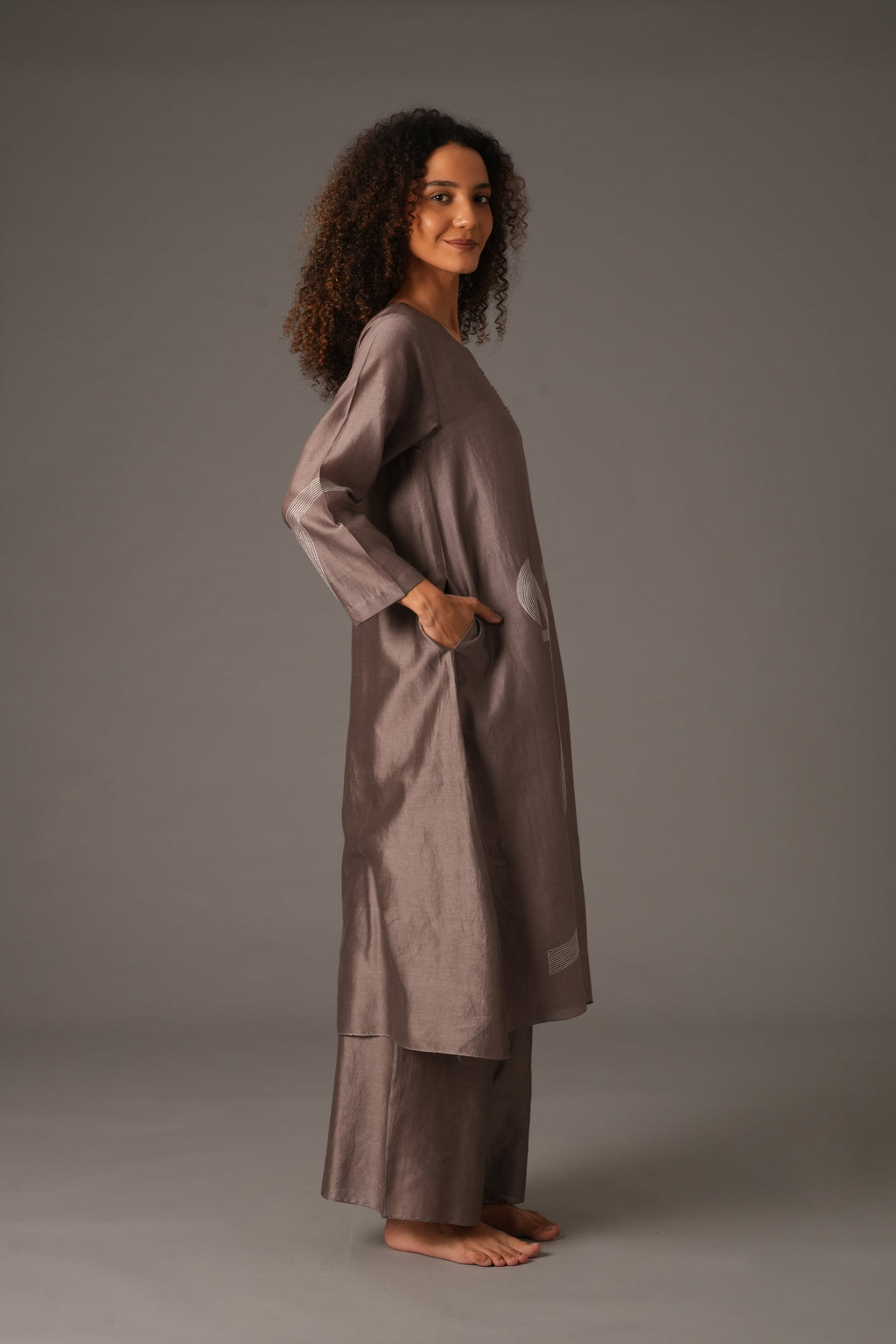 Greige Round Neck Embroidery Dress With pant & Scraff