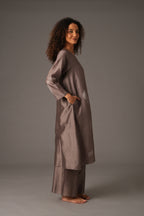 Greige Round Neck Embroidery Dress With pant & Scraff