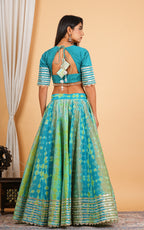 Turquoise Digital Printed, Embroidered & Lace Work Chanderi Lehenga Set