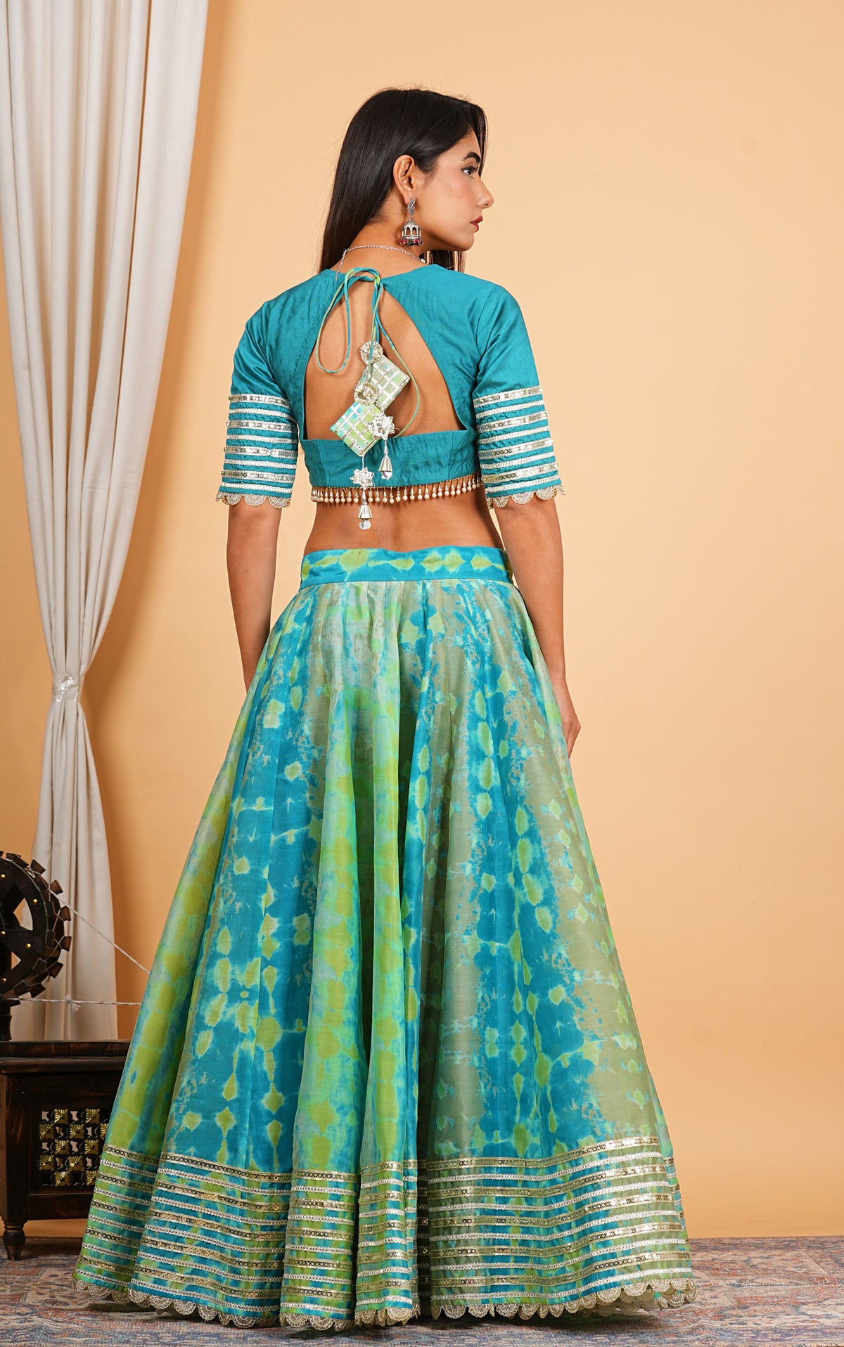 Turquoise Digital Printed, Embroidered & Lace Work Chanderi Lehenga Set