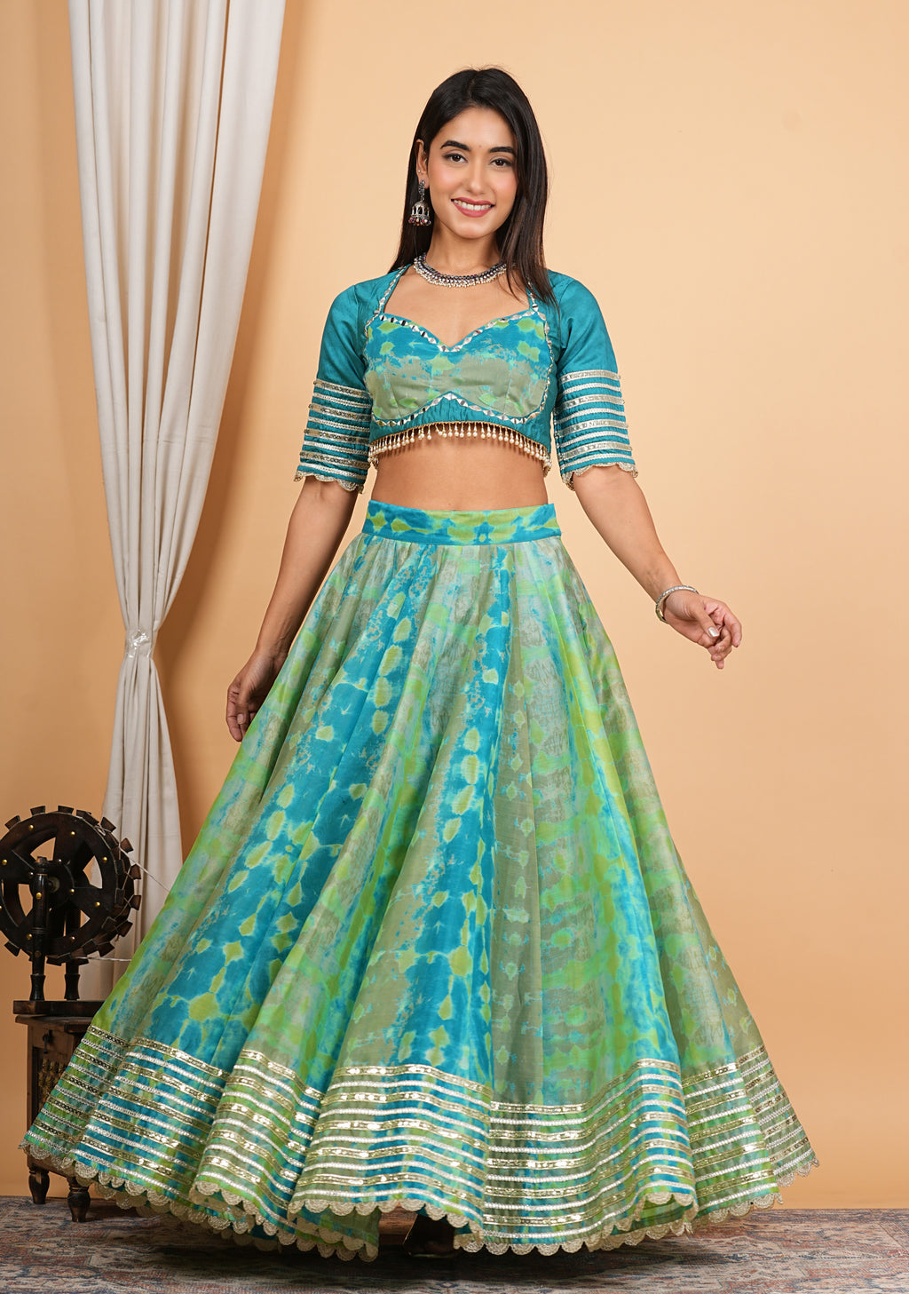 Turquoise Digital Printed, Embroidered & Lace Work Chanderi Lehenga Set